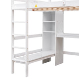 Full Size Loft Bed with Multifunction Shelves and Under-bed Desk, White - Home Elegance USA