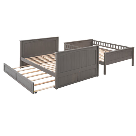 Full Over Full Bunk Bed with Twin Size Trundle, Pine Wood Bunk Bed with Guardrails, Brushed Gray(Old SKU：LP000044AAN)
