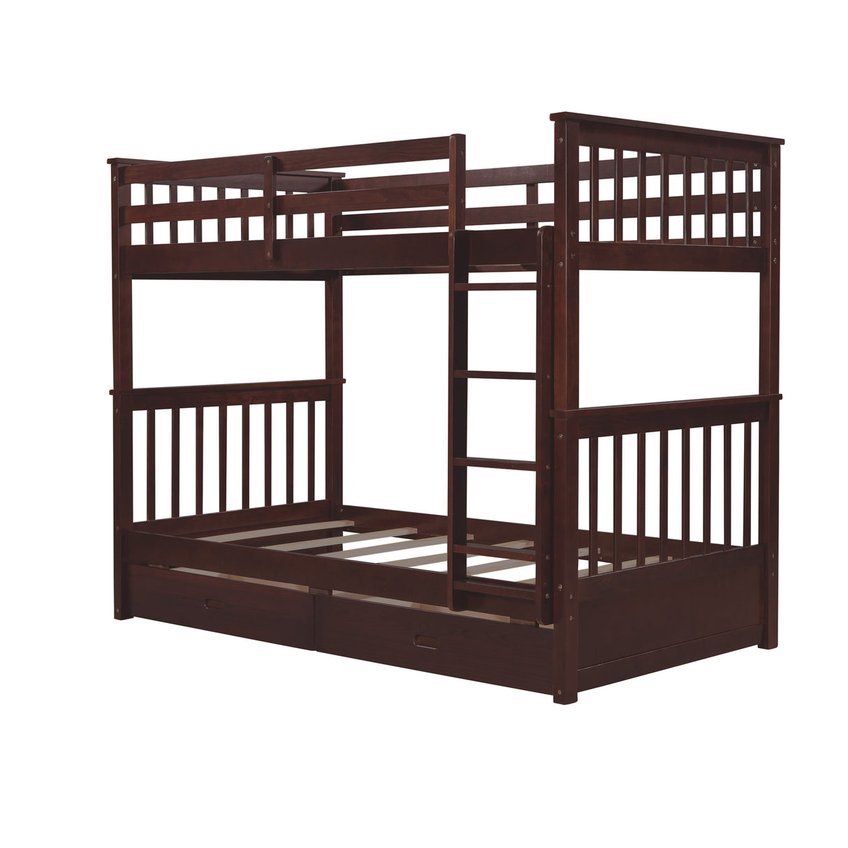 Twin-Over-Twin Bunk Bed with Ladders and Two Storage Drawers (Espresso) - Home Elegance USA