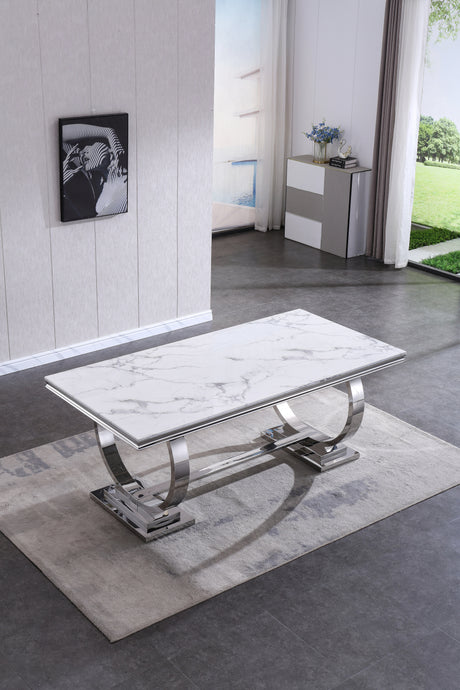 Modern Rectangular White Marble Dining Table, 0.71" Thick Marble Top, Double U-Shape Stainless Steel Base with Silver Mirrored Finish - Home Elegance USA