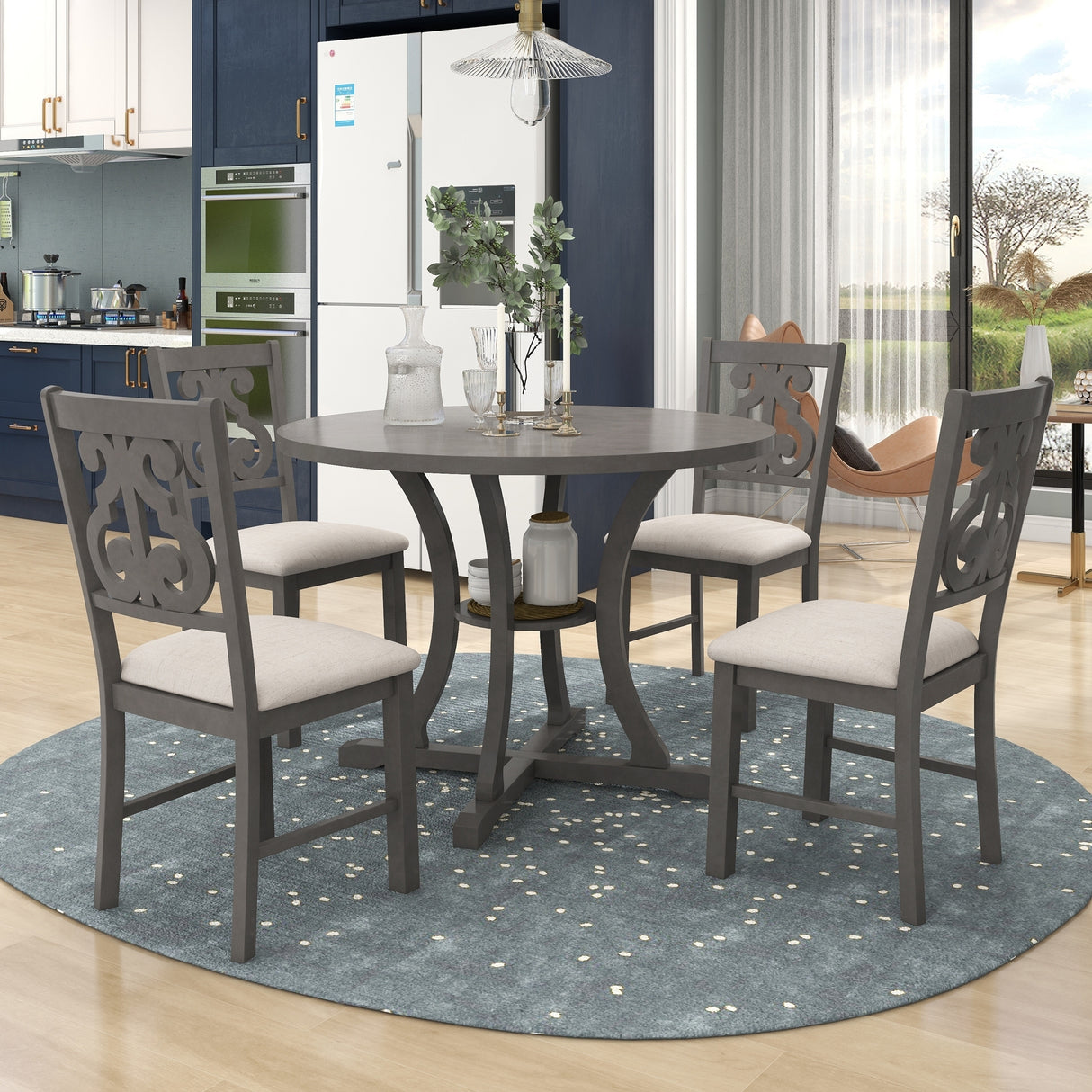 TREXM 5-Piece Round Dining Table and Chair Set with Special-shaped Legs and an Exquisitely Designed Hollow Chair Back for Dining Room (Gray) - Home Elegance USA