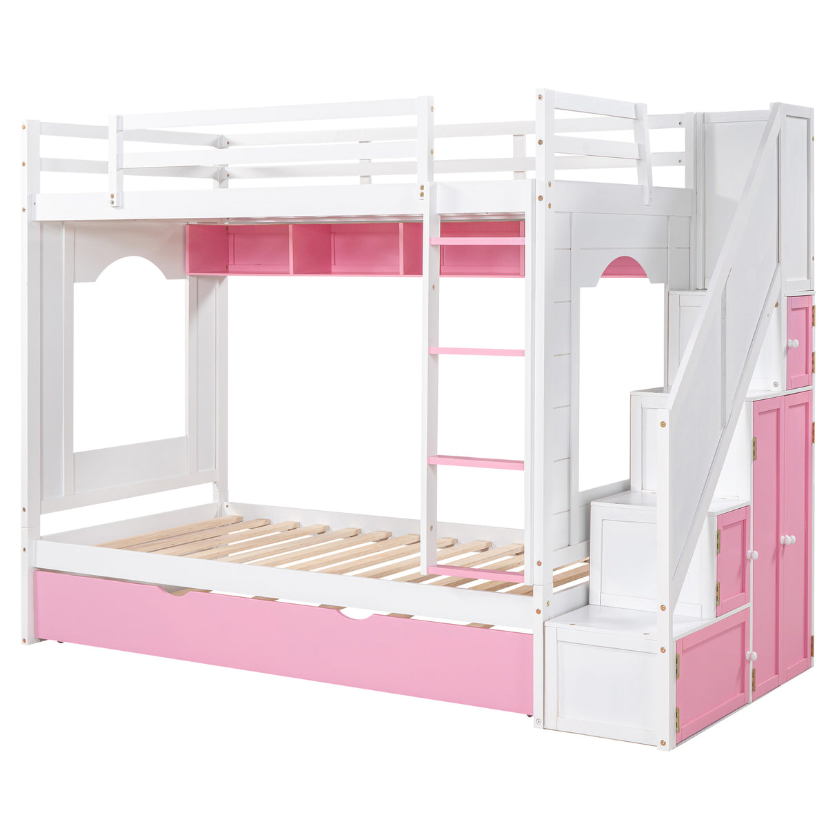 Twin Over Twin Bunk Bed with Trundle ,Stairs,Ladders Solid Wood Bunk bed with Storage Cabinet （White + Pink） - Home Elegance USA