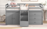 Full Size Functional Loft Bed with Cabinets and Drawers, Hanging Clothes at the back of the Staircase, Gray - Home Elegance USA