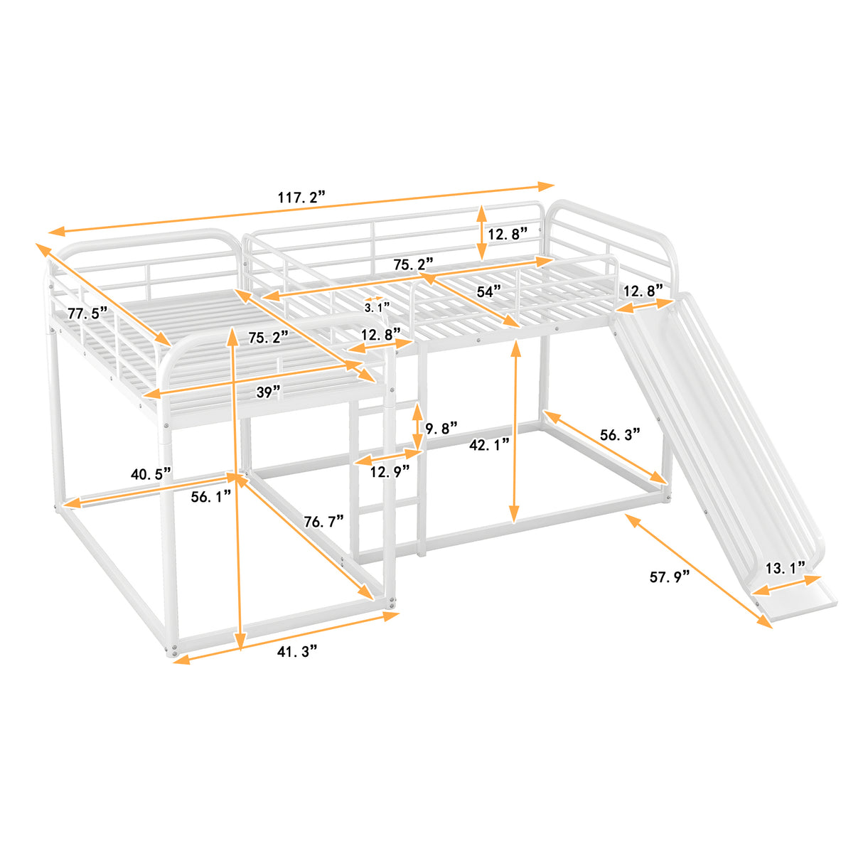 Full and Twin Size L-Shaped Bunk Bed with Slide and Short Ladder, White - Home Elegance USA