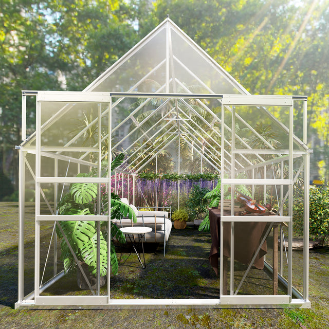 8' W x 16' D Walk-in Polycarbonate Greenhouse with Roof Vent,Sliding Doors,Aluminum Hobby Hot House for Outdoor Garden Backyard