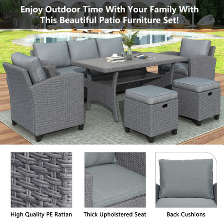 TOPMAX 6-Piece Outdoor Rattan Wicker Set Patio Garden Backyard Sofa, Chair, Stools and Table(Gray Rattan+Gray Cushion)