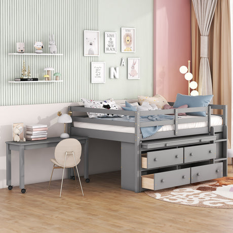 Full Size Loft Bed with Retractable Writing Desk and 4 Drawers, Wooden Loft Bed with Lateral Portable Desk and Shelves, Gray - Home Elegance USA