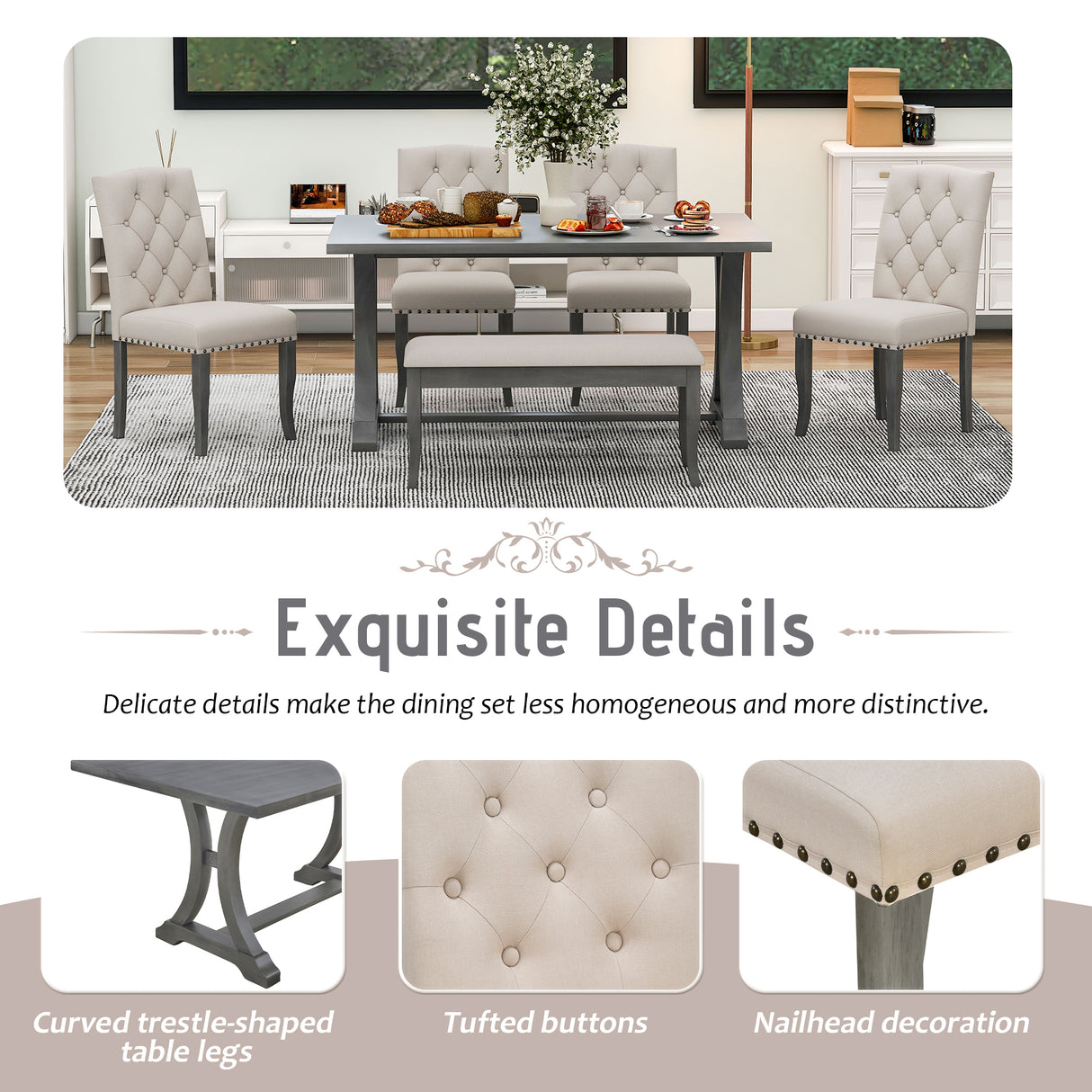 TREXM 6-Piece Farmhouse Dining Table Set, Rectangular Trestle Table and 4 Upholstered Chairs & Bench for Dining Room (Antique Gray) - Home Elegance USA