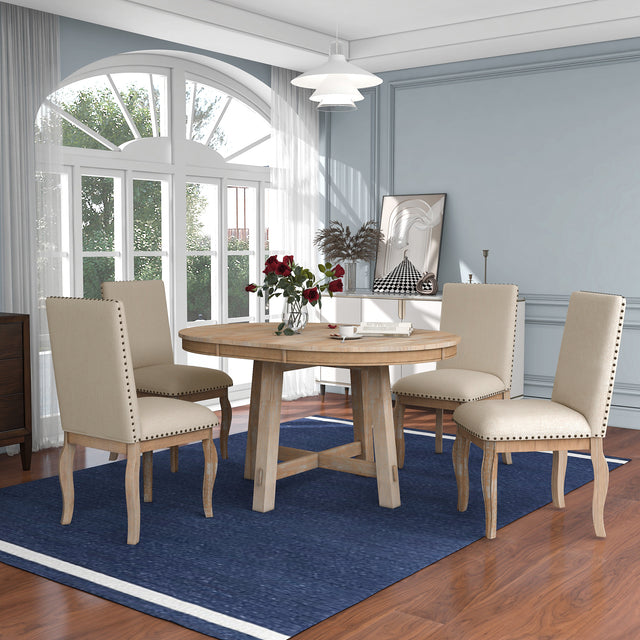 TREXM 5-Piece Farmhouse Dining Table Set Wood Round Extendable Dining Table and 4 Upholstered Dining Chairs (Natural Wood Wash) - Home Elegance USA