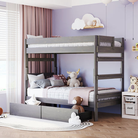 Twin over Twin Wood Bunk Bed with 2 Drawers, Gray - Home Elegance USA