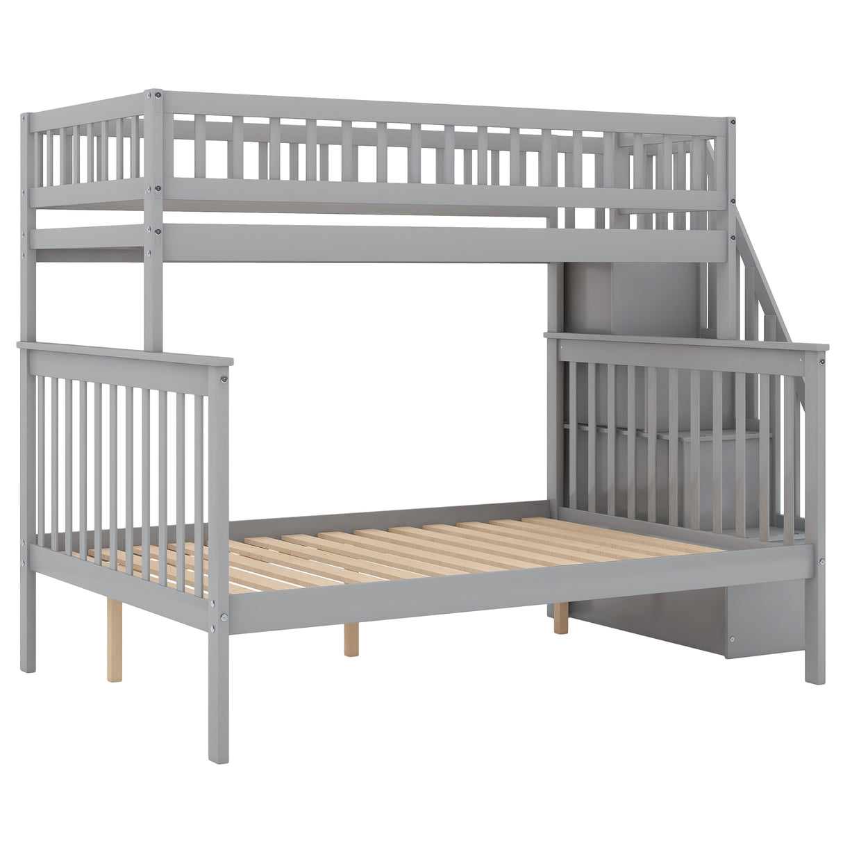 Twin over Full Stairway Bunk Bed with Storage, Gray - Home Elegance USA