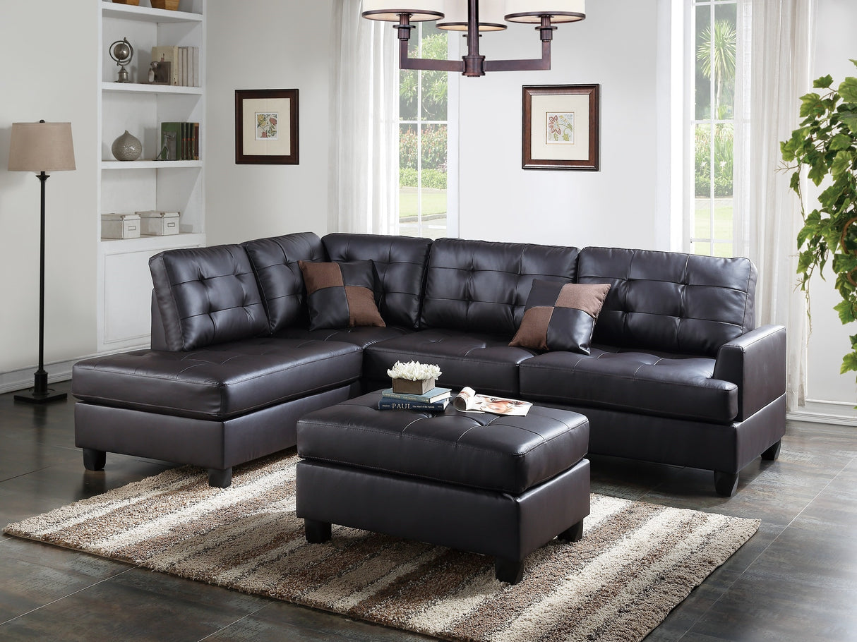 Contemporary Sectional Sofa Espresso Faux Leather Cushion Tufted Reversible 3pc Sectional Sofa L/R Chaise Ottoman Living Room Furniture - Home Elegance USA