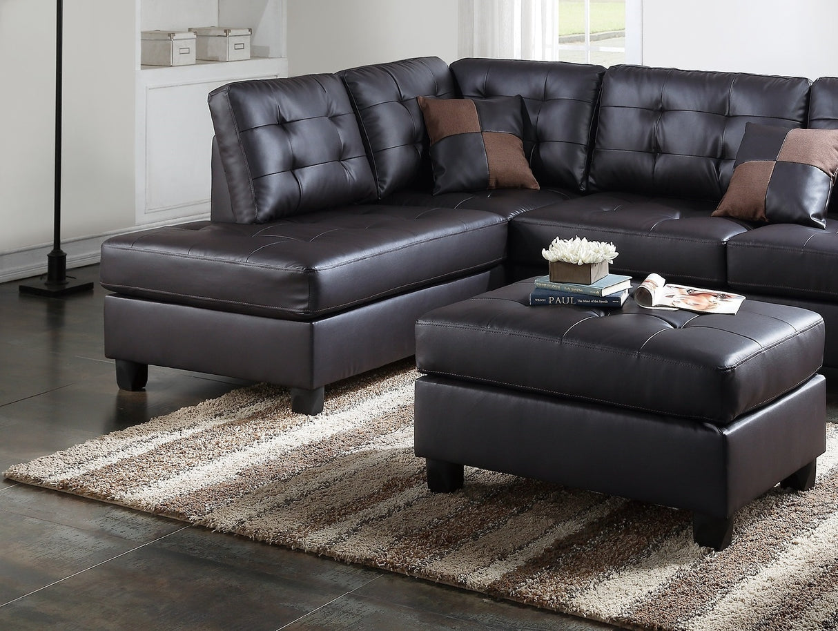 Contemporary Sectional Sofa Espresso Faux Leather Cushion Tufted Reversible 3pc Sectional Sofa L/R Chaise Ottoman Living Room Furniture - Home Elegance USA