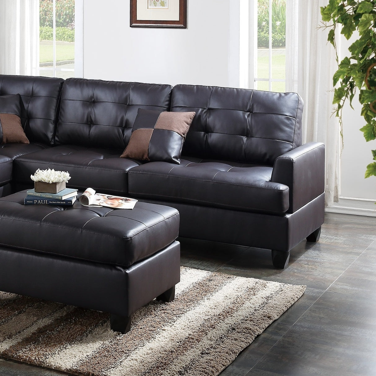 Contemporary Sectional Sofa Espresso Faux Leather Cushion Tufted Reversible 3pc Sectional Sofa L/R Chaise Ottoman Living Room Furniture - Home Elegance USA