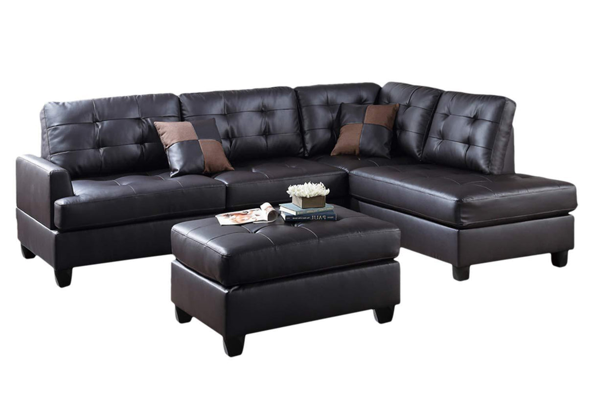 Contemporary Sectional Sofa Espresso Faux Leather Cushion Tufted Reversible 3pc Sectional Sofa L/R Chaise Ottoman Living Room Furniture - Home Elegance USA