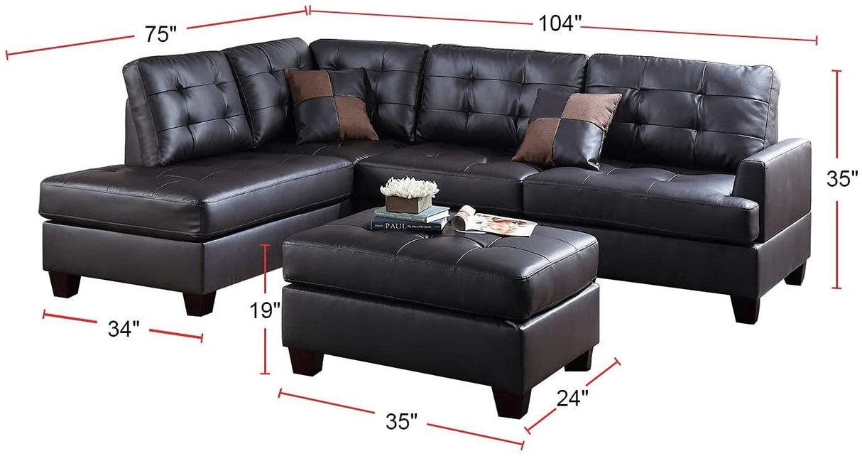 Contemporary Sectional Sofa Espresso Faux Leather Cushion Tufted Reversible 3pc Sectional Sofa L/R Chaise Ottoman Living Room Furniture - Home Elegance USA