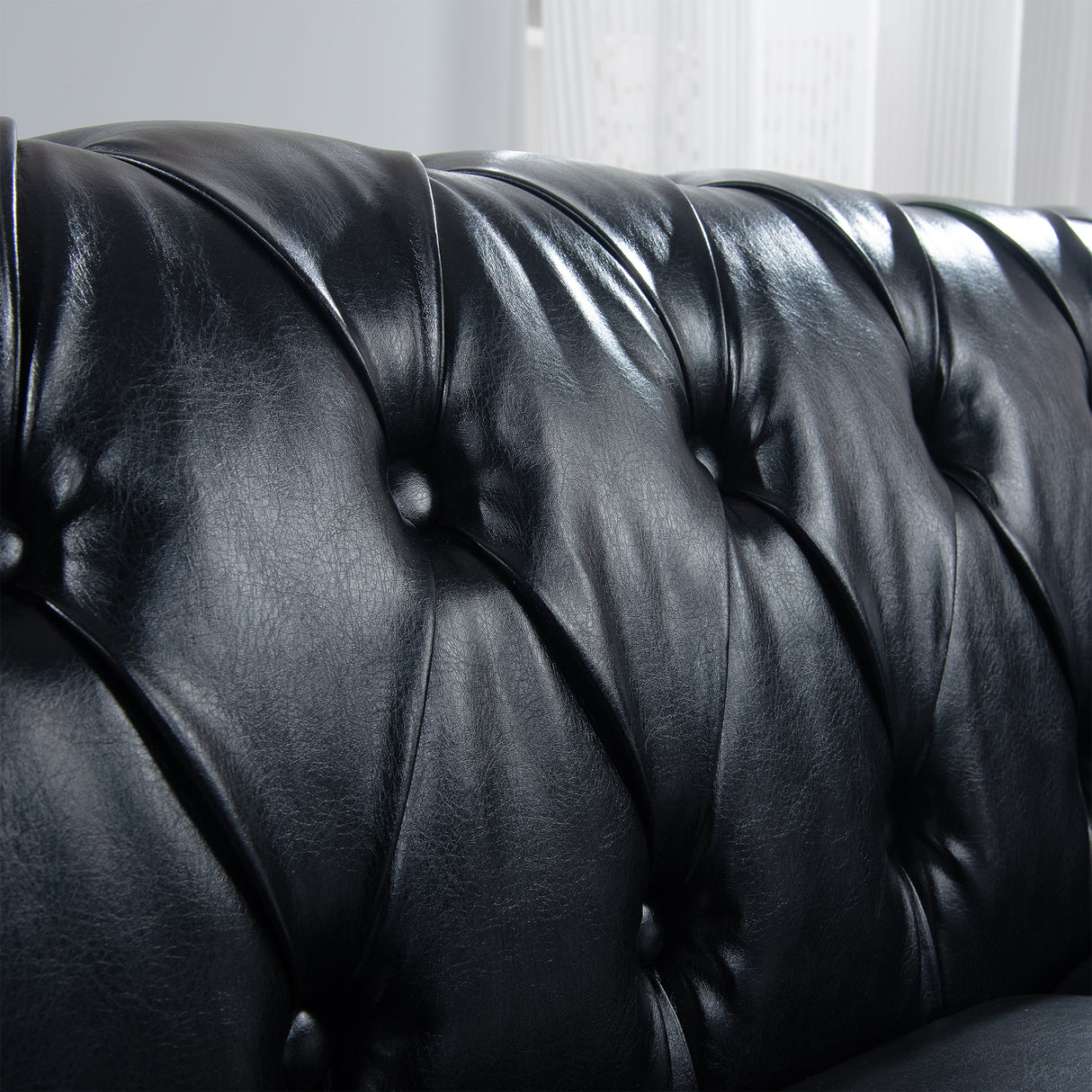 84.65" BLACK PU Rolled Arm Chesterfield Three Seater Sofa. - Stationary Sofas - W68035340 - image - 13