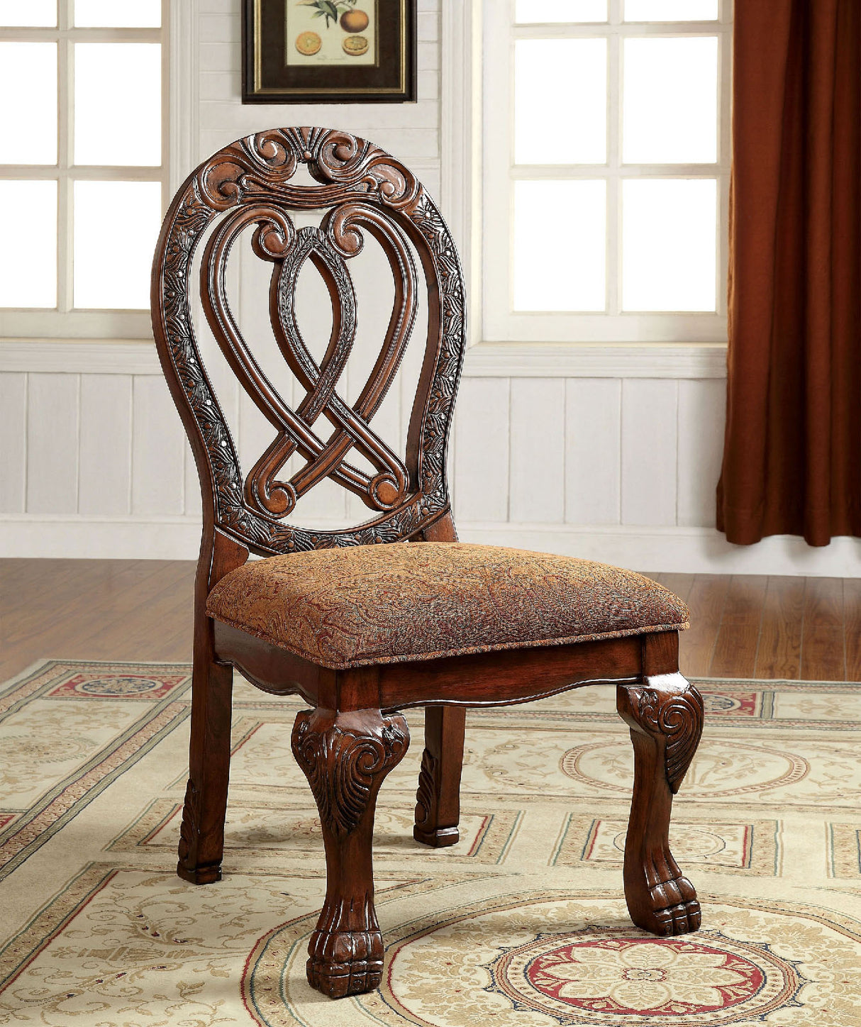 Formal Majestic Traditional Dining Chairs Cherry Solid wood Fabric Seat Intricate Carved Details Set of 2 Side Chairs - Home Elegance USA