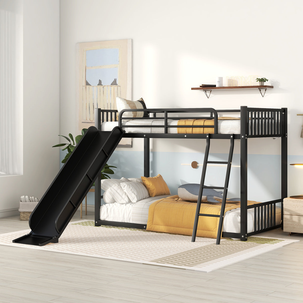 Metal Bunk Bed with Slide, Twin over Twin, Black - Home Elegance USA