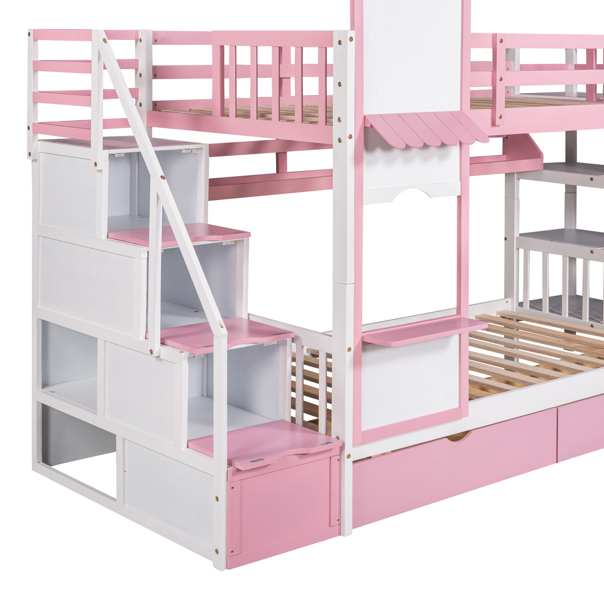 Twin-Over-Twin Castle Style Bunk Bed with 2 Drawers 3 Shelves and Slide - Pink