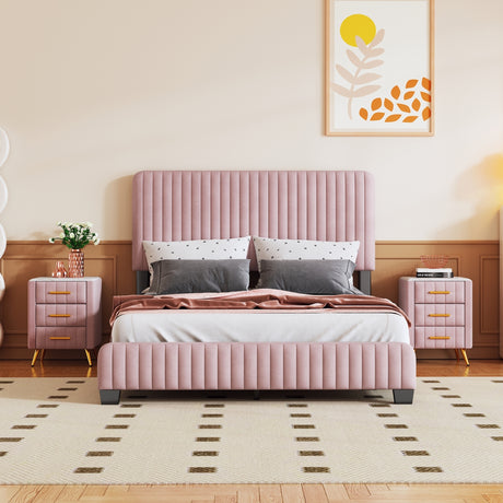 3-Pieces Bedroom Sets, Full Size Upholstered Platform Bed with Two Nightstands, Nightstands with Marbling Worktop and Metal Legs&Handles, Velvet,Pink - Home Elegance USA