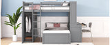 Full size Loft Bed with a twin size Stand-alone bed, Shelves,Desk,and Wardrobe-Gray - Home Elegance USA