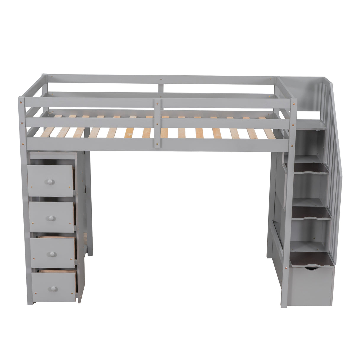 Twin size Loft Bed with Storage Drawers and Stairs, Wooden Loft Bed with Shelves - Gray - Home Elegance USA