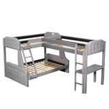 L-Shaped Twin over Full Bunk Bed and Twin Size Loft Bed with Desk,Grey - Home Elegance USA