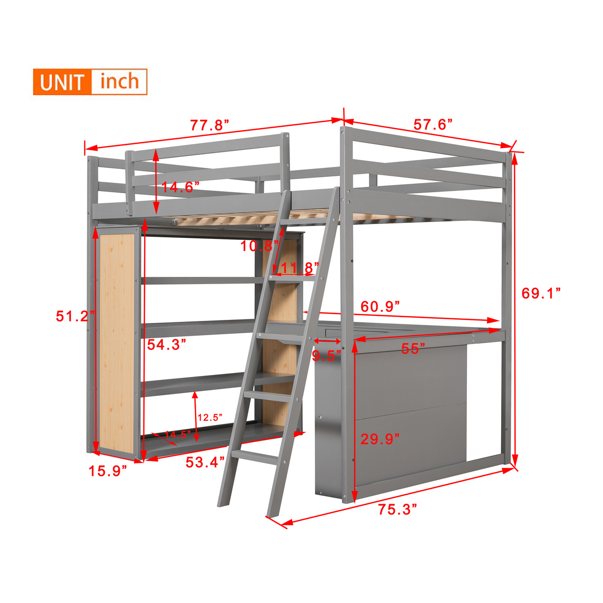 Full Size Loft Bed with Ladder, Shelves, and Desk, Gray - Home Elegance USA