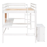 Full size Loft Bed with Desk and Writing Board, Wooden Loft Bed with Desk & 2 Drawers Cabinet- White - Home Elegance USA