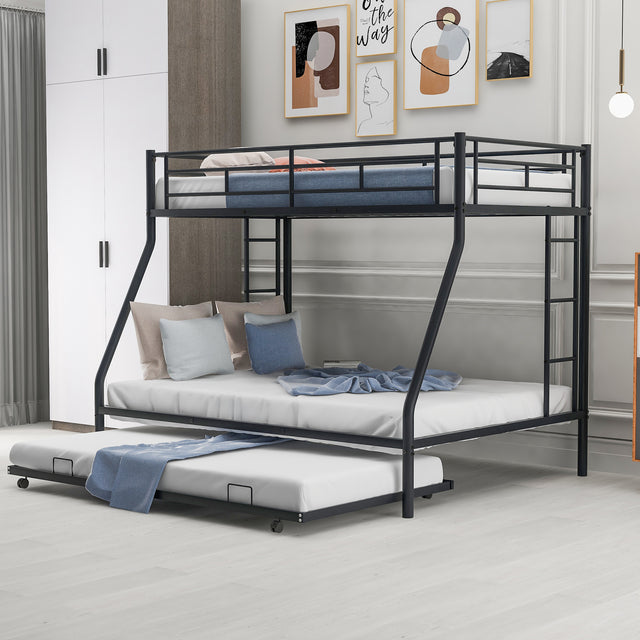 Twin over Full Bed with Sturdy Steel Frame, Bunk Bed with Twin Size Trundle, Two-Side Ladders, Black(OLD SKU:MF194424AAB) - Home Elegance USA