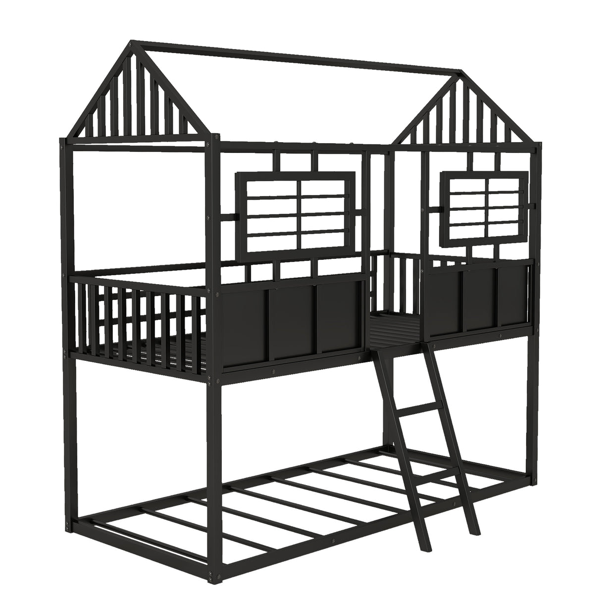 Twin over Twin Size Metal Low Bunk Beds with Roof and Fence-shaped Guardrail, Black - Home Elegance USA