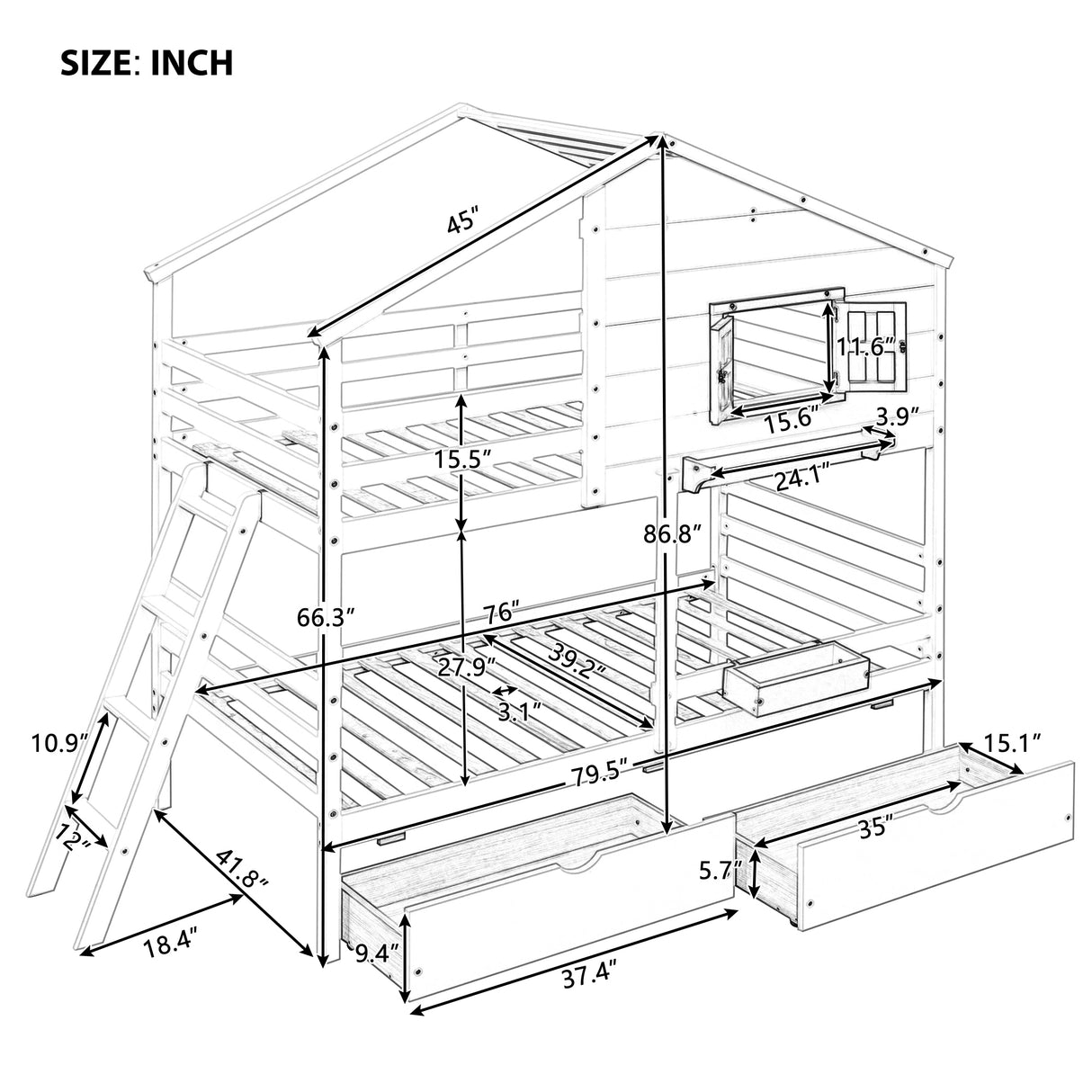 Twin over Twin Bunk Bed with 2 Drawers, 1 Storage Box, 1 Shelf, Window and Roof-White(OLD SKU:LT000608AAK) - Home Elegance USA