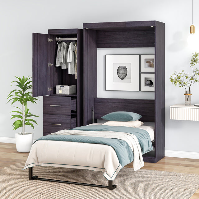 Twin Size Murphy Bed with Wardrobe and Drawers, Storage Bed, can be Folded into a Cabinet, Gray - Home Elegance USA