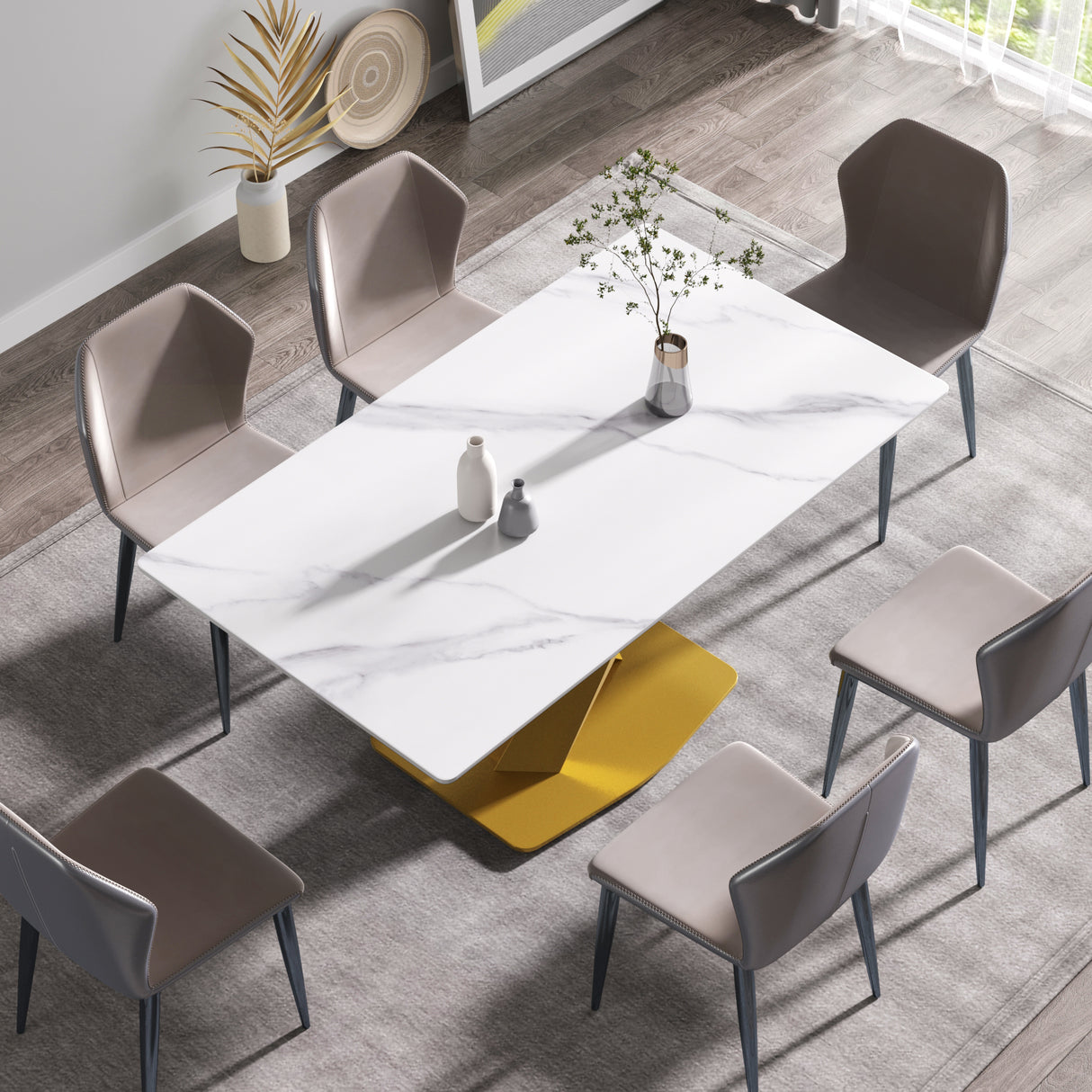 63-inch modern artificial stone white straight edge golden metal X-leg dining table -6 people - Home Elegance USA