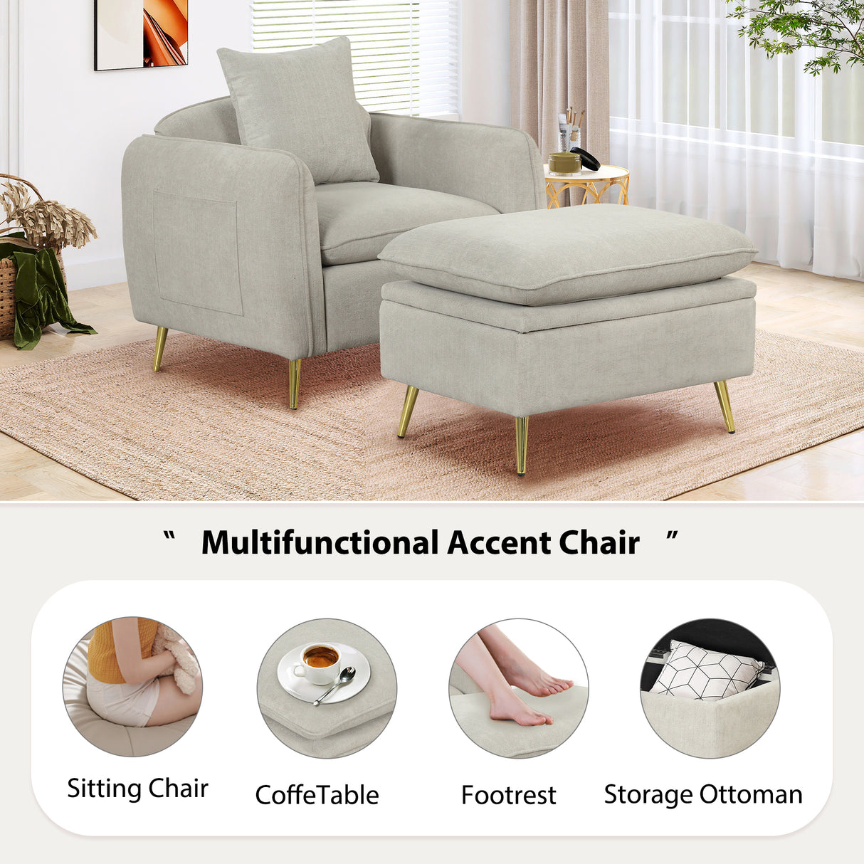 35.2" Modern Accent Chair,Single Sofa Chair with Ottoman Foot Rest and Pillow for Living Room Bedroom Small Spaces Apartment Office,Gray - Home Elegance USA