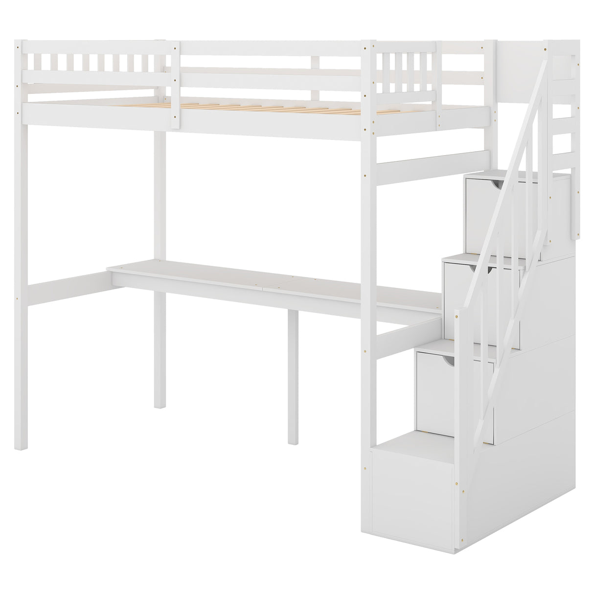 Twin Size Loft Bed with Storage Staircase and Built-in Desk, White (Old SKU:GX000903AAK) - Home Elegance USA