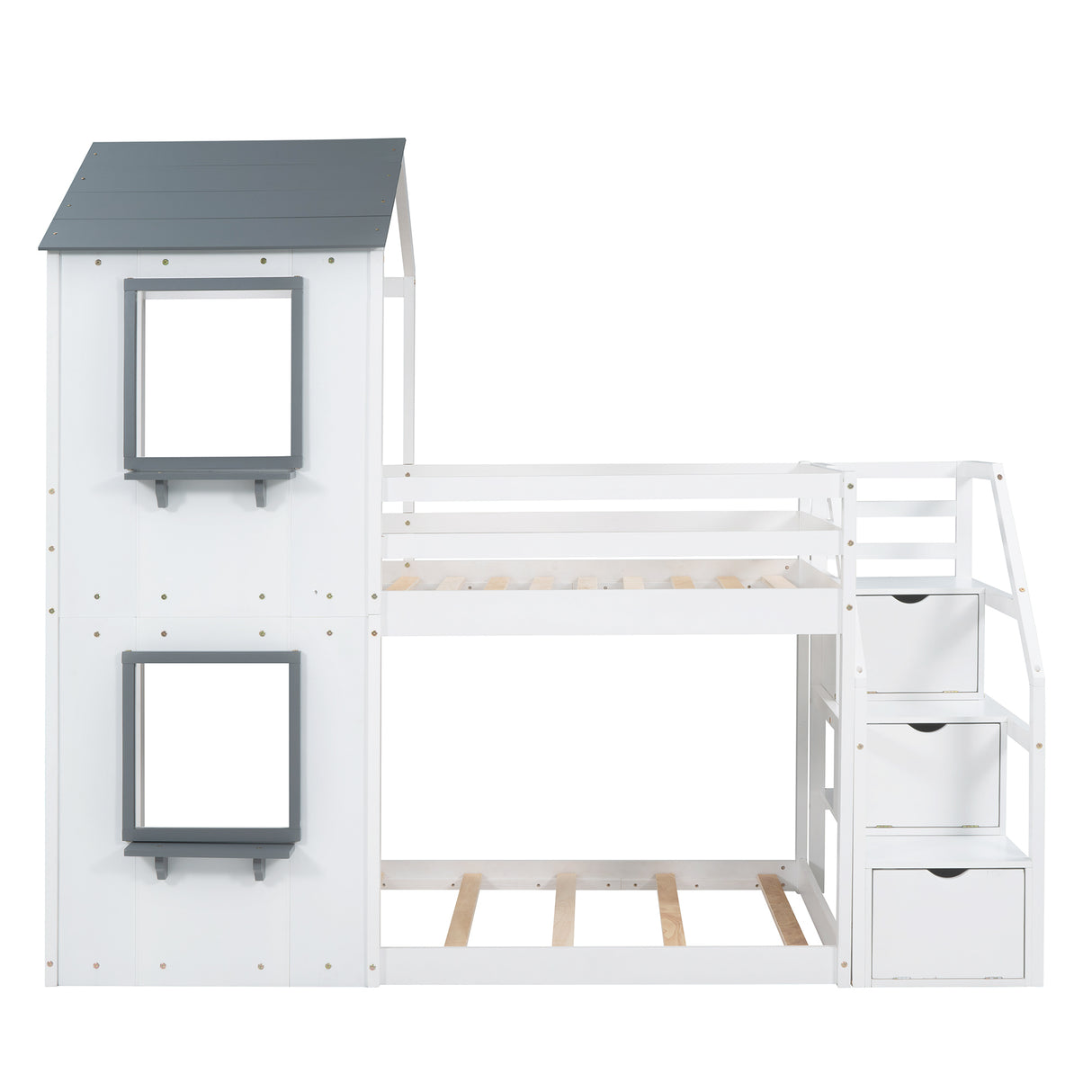 Twin Over Twin Bunk Bed with Storage Stairs,Wood Bed with Roof, Window, Guardrail, Ladder，White - Home Elegance USA