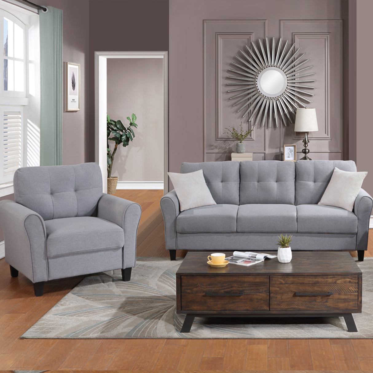 Modern Living Room Sofa Set Linen Upholstered Couch Furniture for Home or Office ,Light Grey-Blue,(1+3-Seat,Old Sku:SG000371AAA) Home Elegance USA