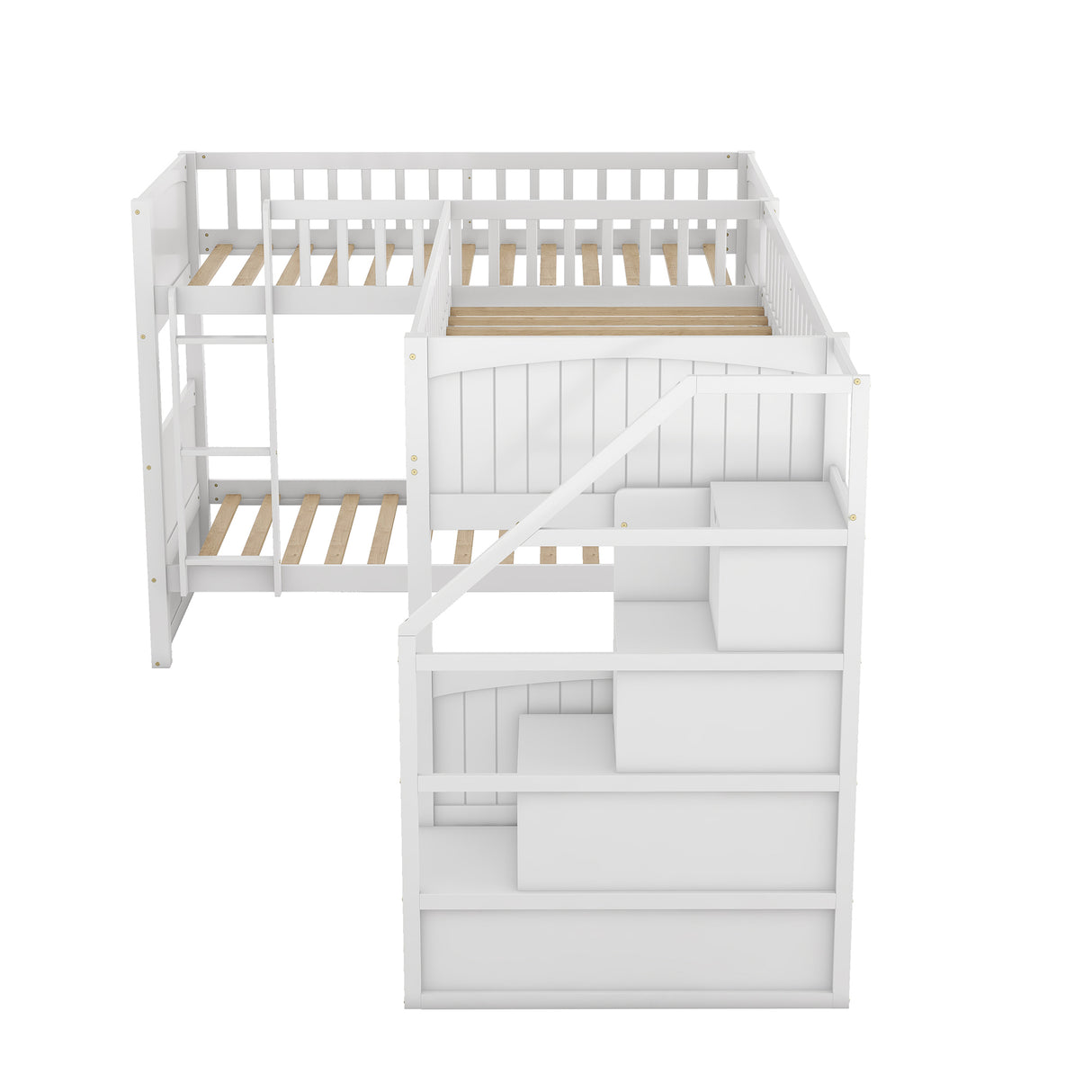 Twin over Twin Wooden L-Shaped Bunk Bed with Ladder and Stairway,White(OLD SKU:SM000303AAK-1) - Home Elegance USA