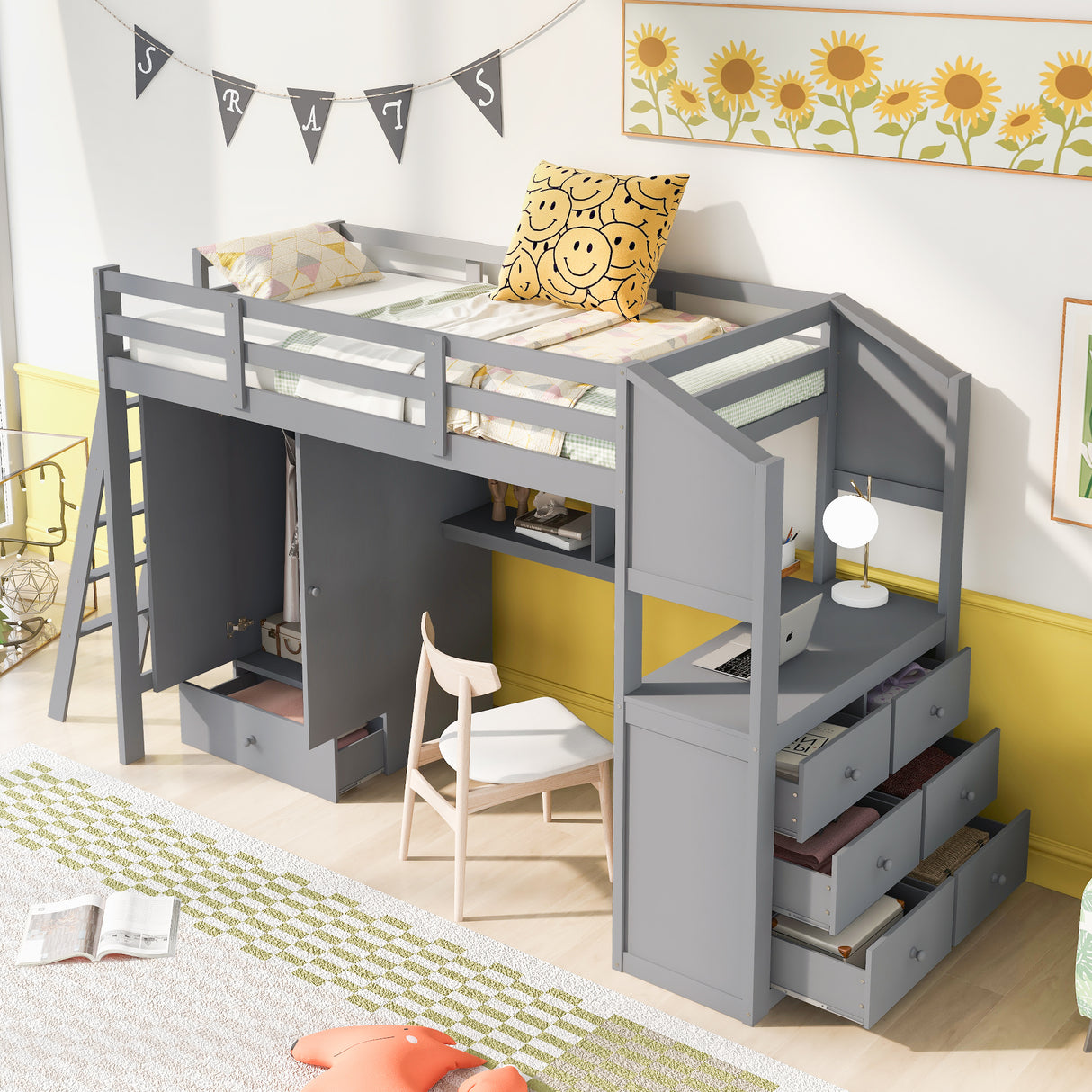 Twin Size Loft Bed with Wardrobe and Drawers, attached Desk with Shelves, Gray - Home Elegance USA