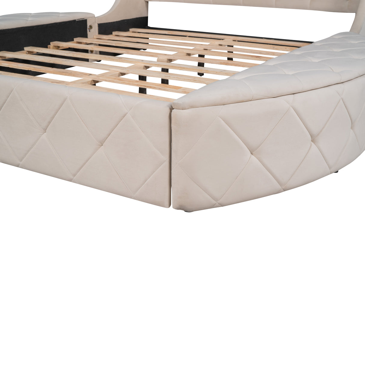 Upholstered Platform Bed Queen Size Storage Velvet Bed with Wingback Headboard and 1 Big Drawer,2 Side Storage Stool(Beige) - Home Elegance USA