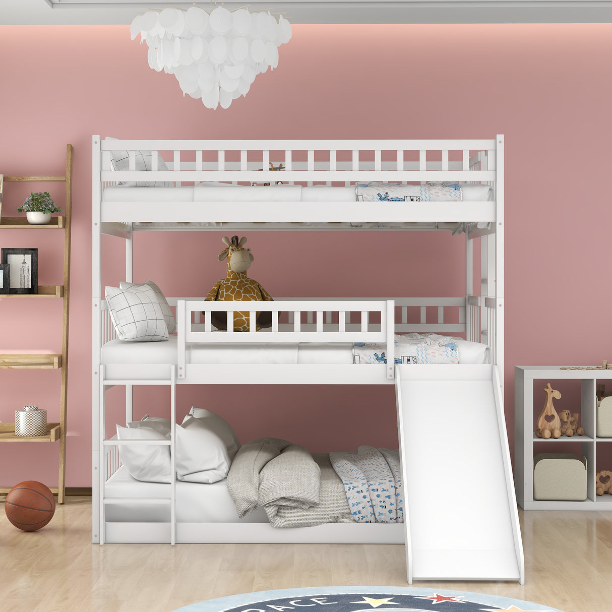 Full-Over-Full-Over-Full Triple Bed with Built-in Ladder and Slide , Triple Bunk Bed with Guardrails, White(OLD SKU :LP000052AAK) - Home Elegance USA