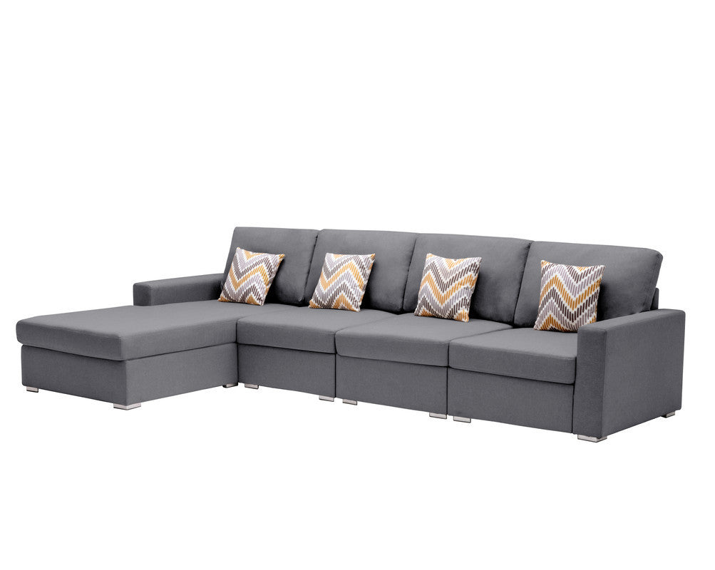 Nolan Gray Linen Fabric 4Pc Reversible Sectional Sofa Chaise with Pillows and Interchangeable Legs - Home Elegance USA