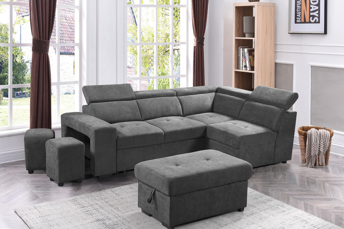 Henrik Light Gray Sleeper Sectional Sofa with Storage Ottoman and 2 Stools - Home Elegance USA