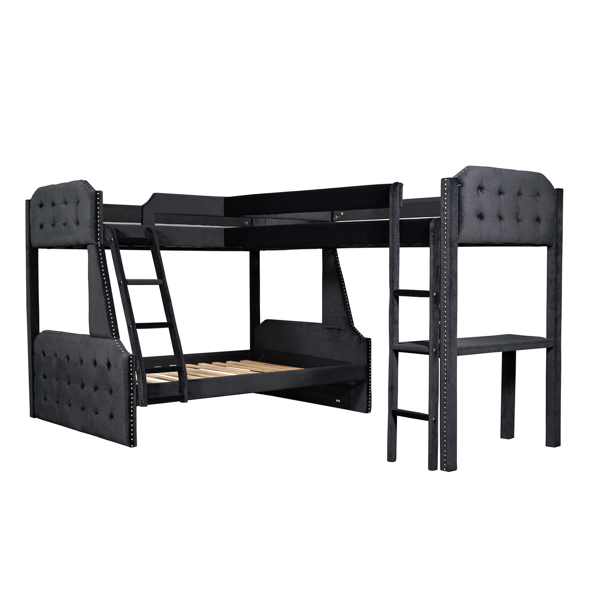 L-Shaped Twin over Full Bunk Bed and Twin Sie Loft Bed with Desk,Black - Home Elegance USA