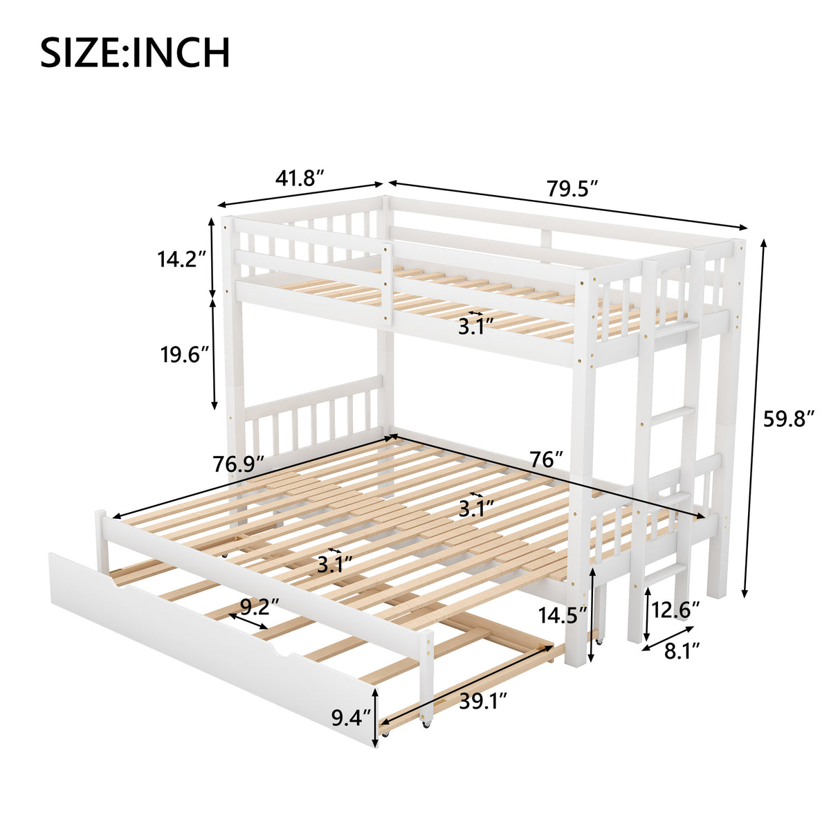 Twin over Pull-out Bunk Bed with Trundle, White - Home Elegance USA