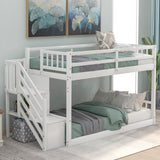 Twin over Twin Floor Bunk Bed, Ladder with Storage, White - Home Elegance USA