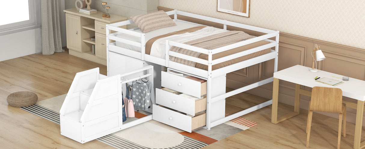 Full Size Functional Loft Bed with Cabinets and Drawers, Hanging Clothes at the back of the Staircase, White - Home Elegance USA