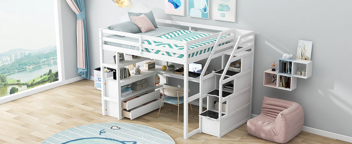 Full Size Loft Bed with Desk and Shelves, Two Built-in Drawers, Storage Staircase, White